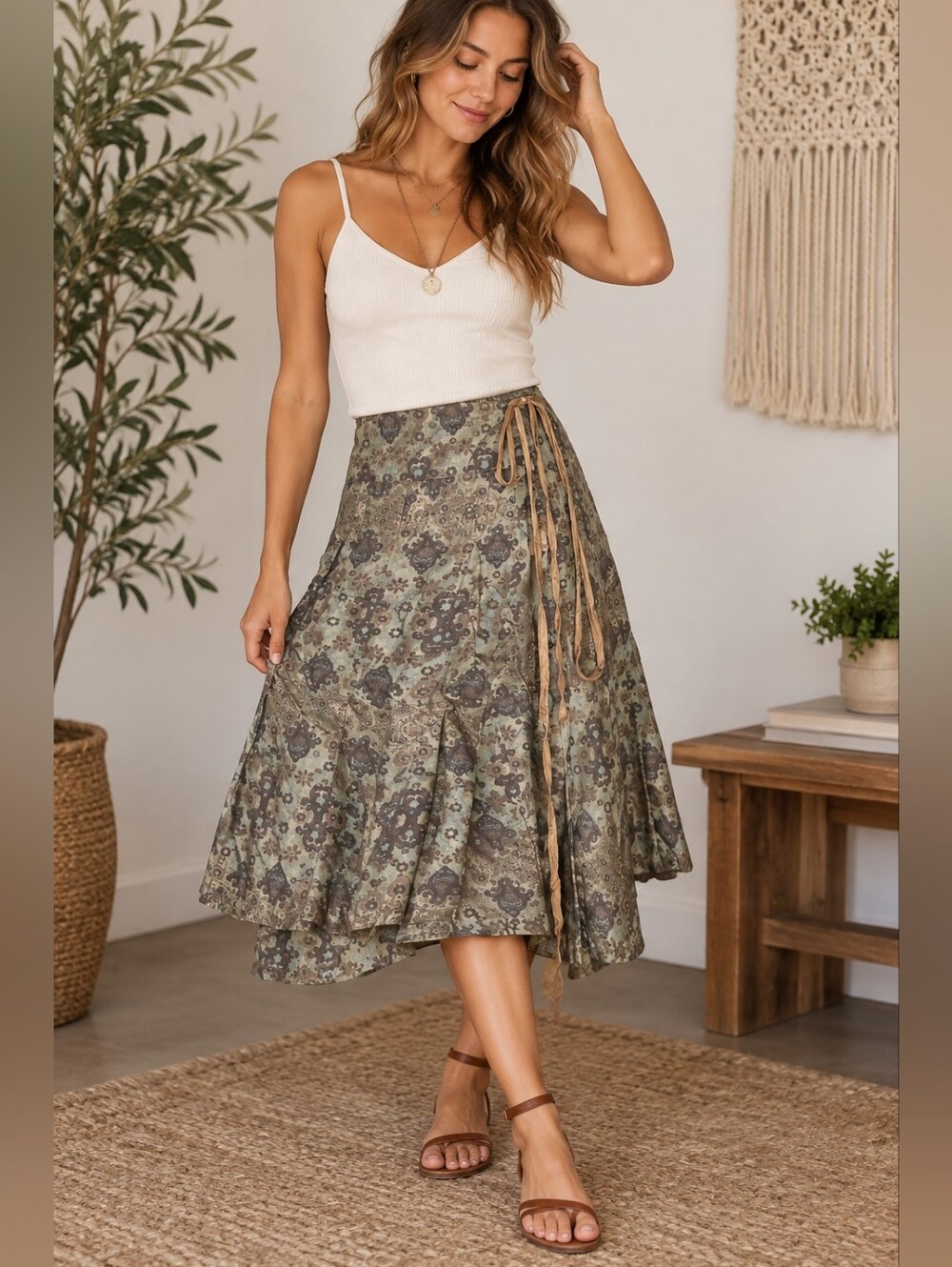 Krista Larson Vintage Silk Paisley Wrap Midi Skirt Made USA ONE SIZE Artsy Boho